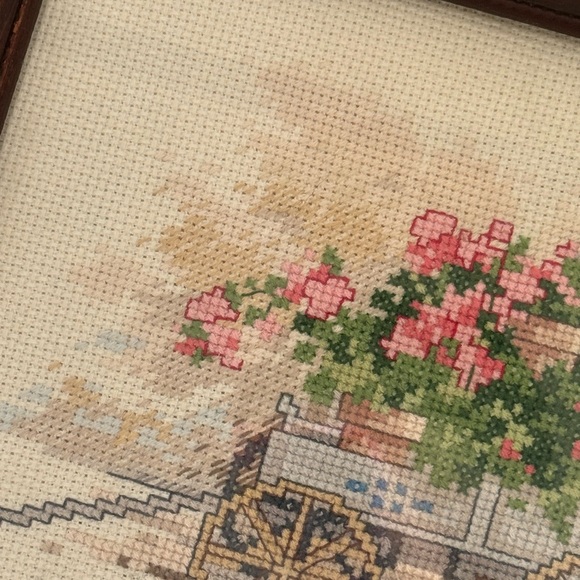 Vintage Framed Floral Wagon Cross-Stitch Needlepoint Pink and Blue - Picture 6 of 8